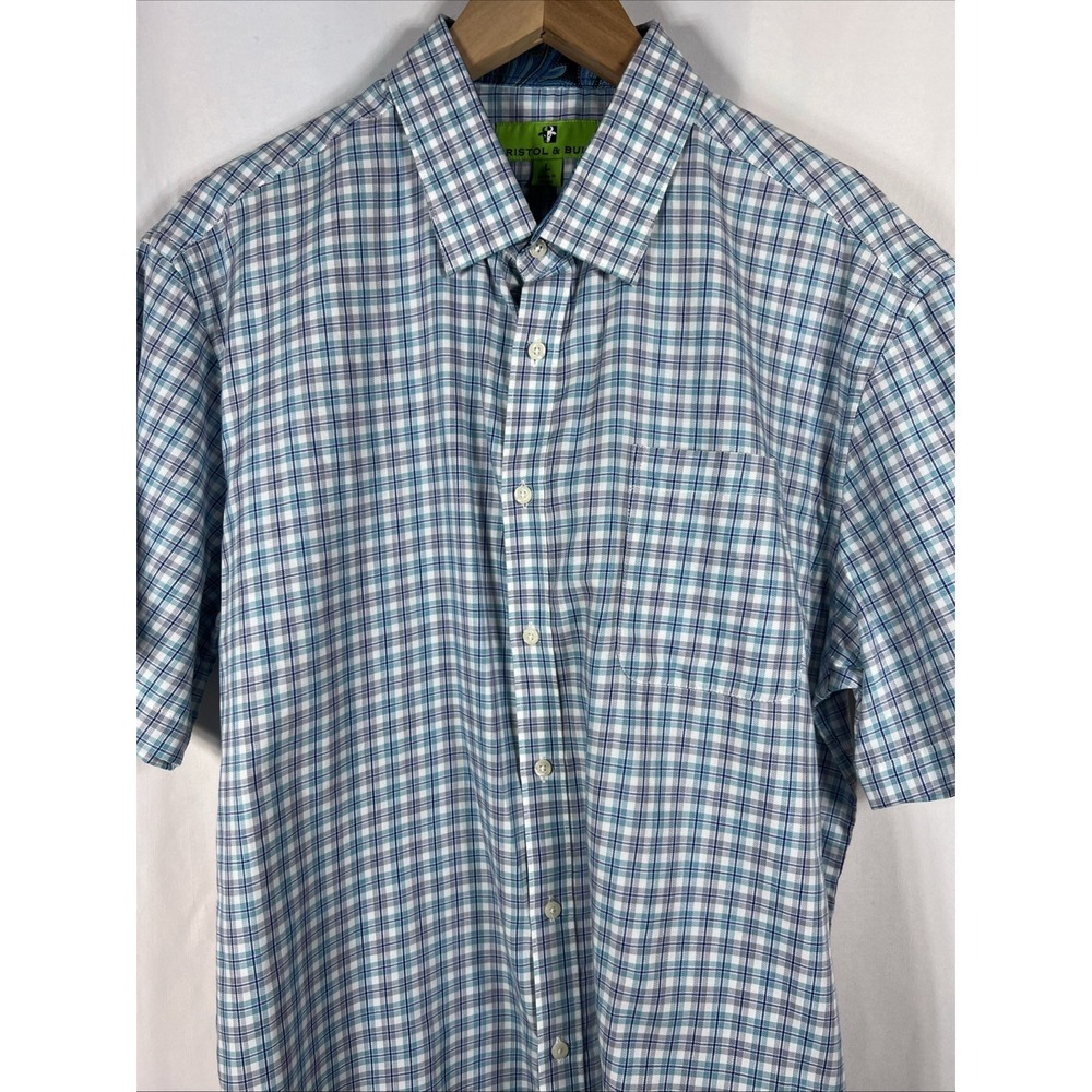 NWOT Bristol & Bull Short Sleeve‎ Button Up Blue Plaid Shirt Mens Size Large